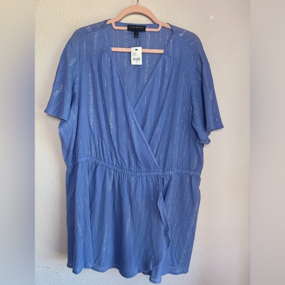 NWT Lane Bryant Blue Gauze Metallic Stripe Flutter Sleeve Faux Wrap Top 20 - Picture 1 of 10